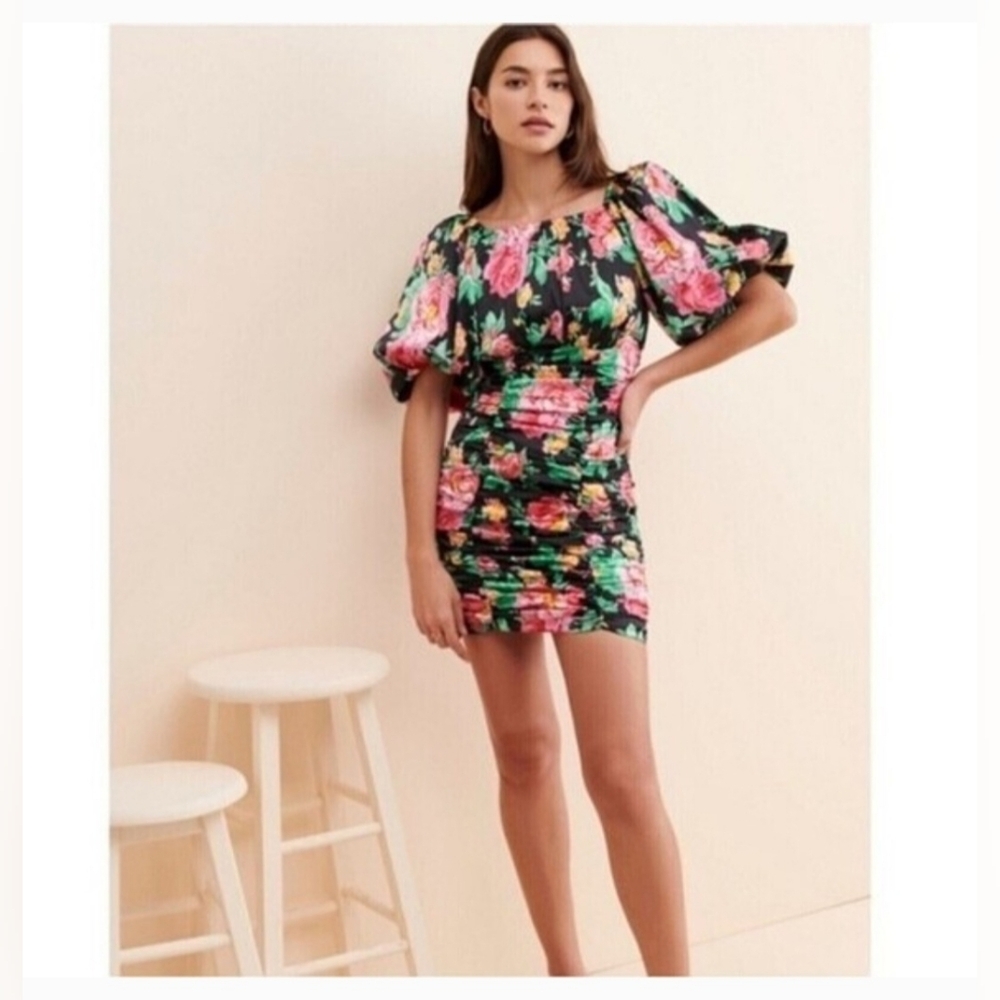 For Love & Lemons Jolie Ruched Puff Sleeve Floral Mini Dress XS Coquette Party
